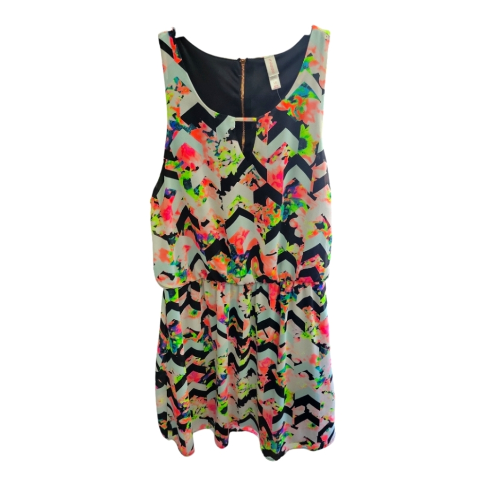 Xhiliration dress - fluorescent floral colors with black & white Cheveron Large